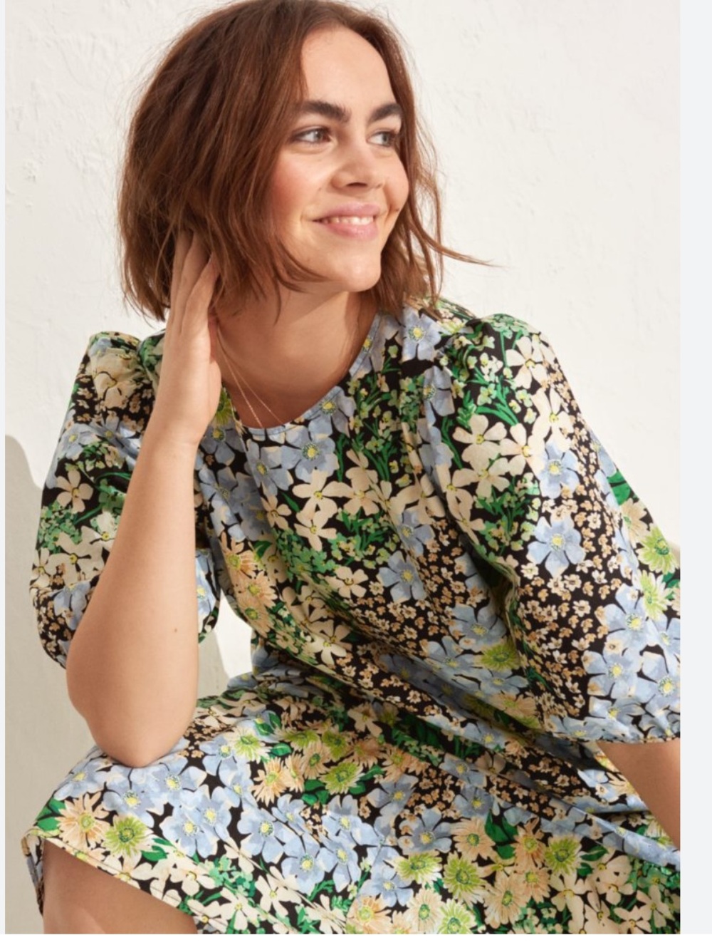 H&M Floral 100% Cotton Puff Sleeve Floral Midi‎ Dress XS Orversized Cottagecore